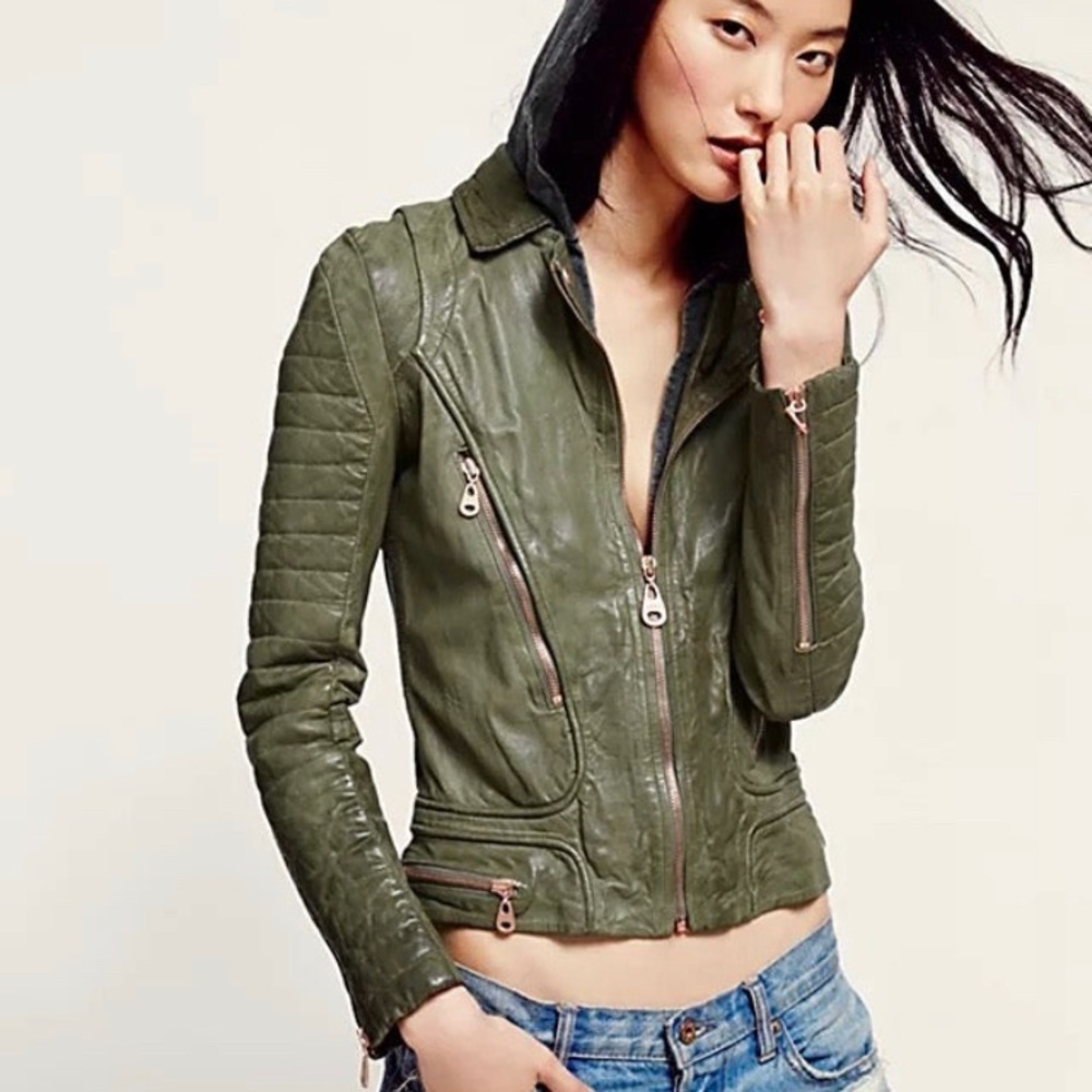 Free People Doma Hooded Leather Jacket NWOT